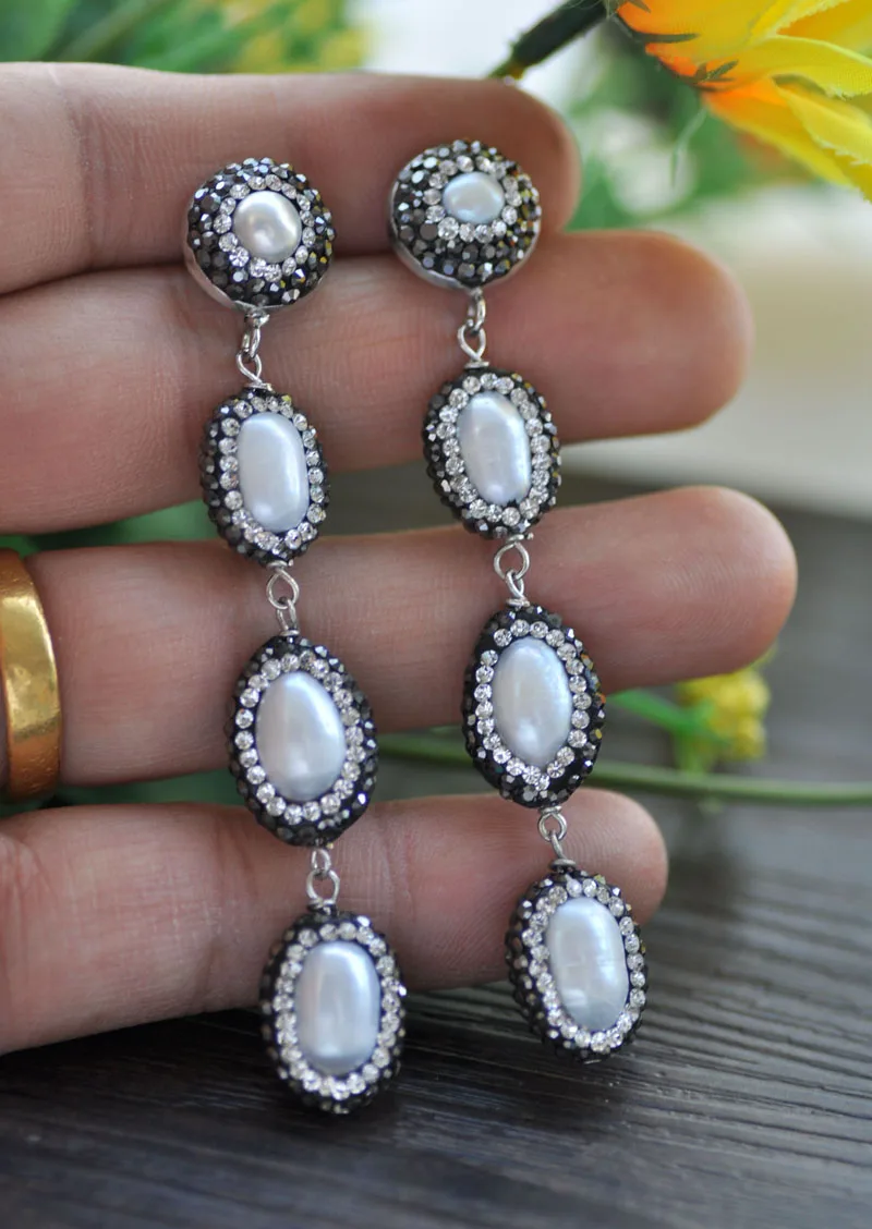 

P7508 3 линии 18 мм белый жемчуг в форме риса CZ, висящие сережки