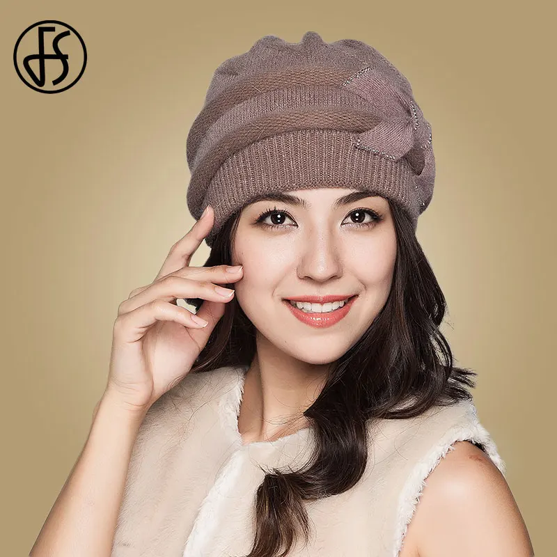 Brown Knit Hat FS, женские вязаные шапки, зимние, красные, бежевые, утолщенные, элегантные, повседневные, из кроличьей шерсти, шапка, женские, Skullies Beanies для дам, Gorros Invierno - Цвет: Brown Knit Hat