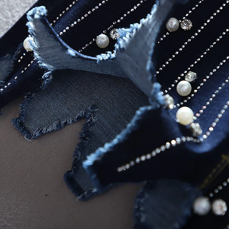 

New Trend Pearls Wide Leg Jeans Full Length Flare Dark Blue Trousers Fashion Lady Diamonds Beading Stretch Denim Pants Women