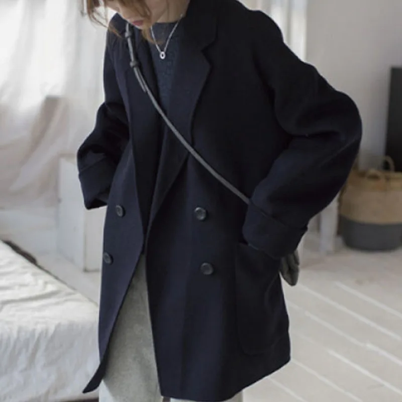 

2021 New Fashionable Solid Color Women Wool Coat All-match Blend Autumn Casual Chic Long Sleeve Female Women Overcoat
