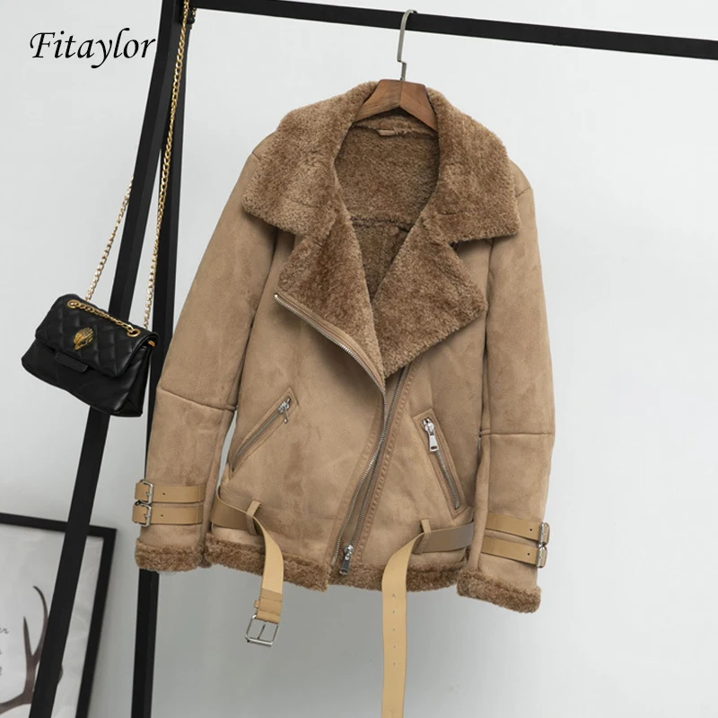 Fitaylor Женская куртка из искусственной кожи овечья шерсть меховой воротник