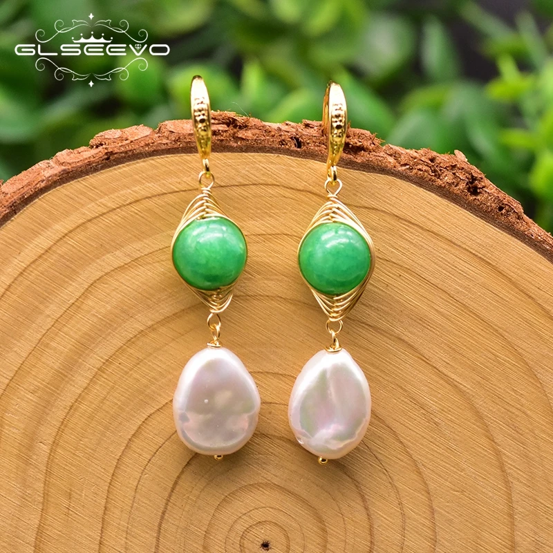 Серьги подвески GLSEEVO с натуральным жемчугом в стиле барокко|Серьги-подвески| |