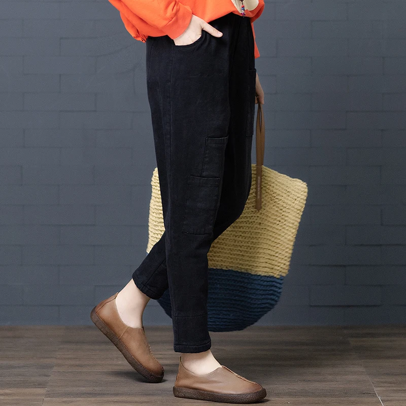 

Women Pants Winter Plus Velvet Thickening Denim Warm Pants Large Size High Waist Elastic Waist Harem Pants Ladies Trousers A518