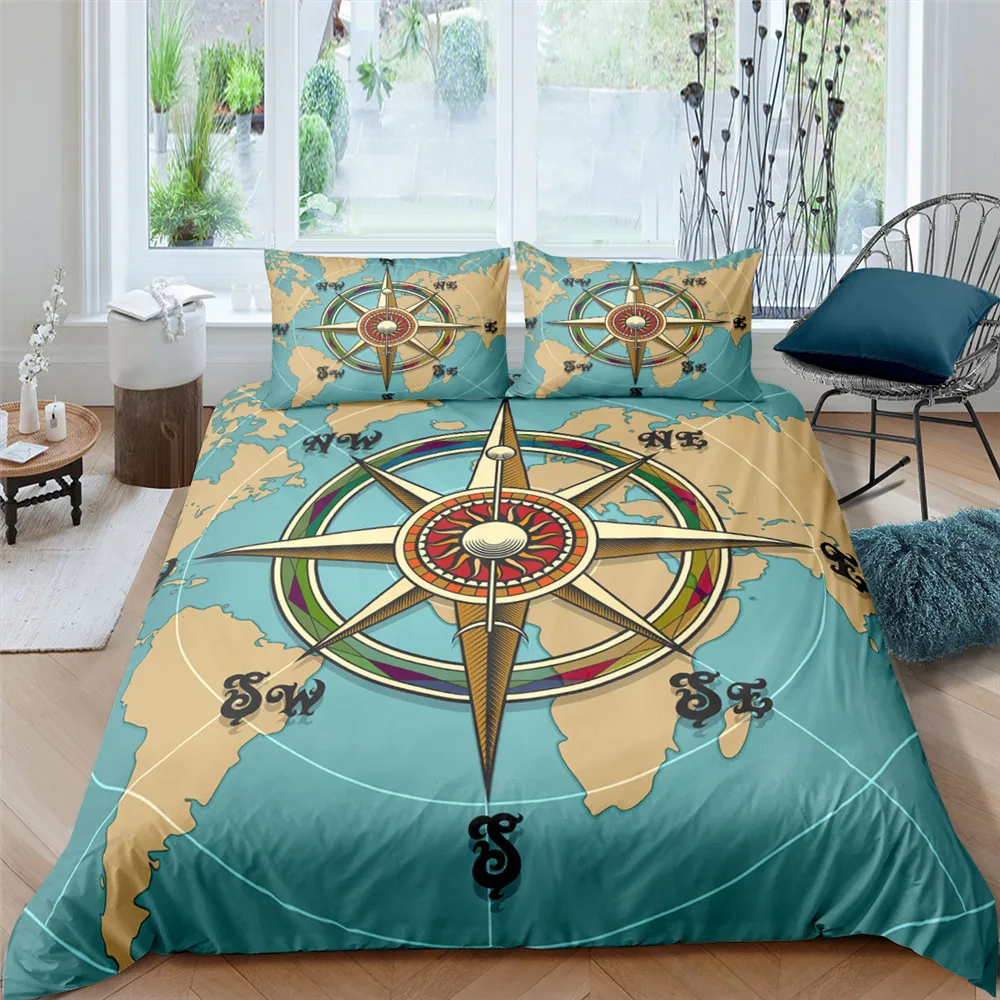 

Compass Bedding Set Nautical Map Duvet Cover World Map Bedclothes Home Textiles Quilt Cover 2/3 Pcs Single Twin Queen King Size