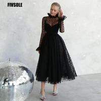 fivsole 2021 black heart tulle a line evening dress full sleeves tea length prom gowns women formal high neck hearts party dress