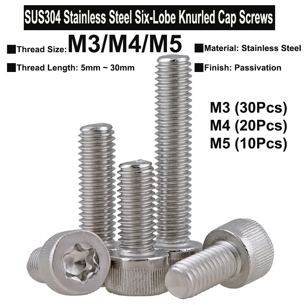 

30Pcs/20Pcs/10Pcs M3 M4 M5 SUS304 Stainless Steel Six-Lobe Knurled Cap Screws Torx Socket Cap Head