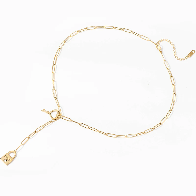 Женское Ожерелье из нержавеющей стали с замком и ключом массивное Золотистое