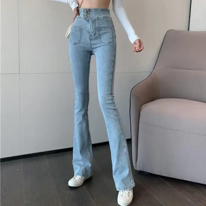 

2021 Spring Summer Women's Vinatge Slim Micro Flared Pants High Waist Jeans Female Long Denim Flare Pants