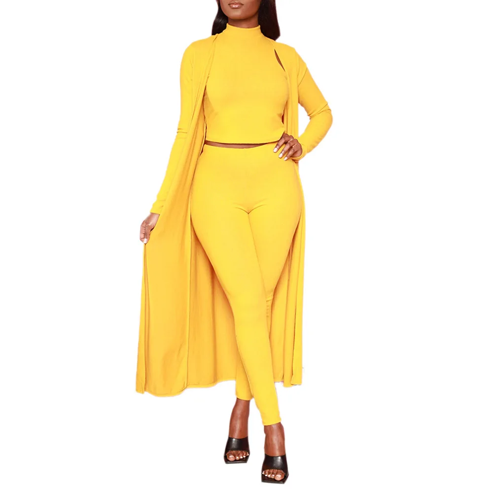 

Hot Selling Women Three Pieces Sets Solid High Neck Sleeveless Skinny Tees + Bodycon Pencil Pants + Cardigan Long Sleeve Coats