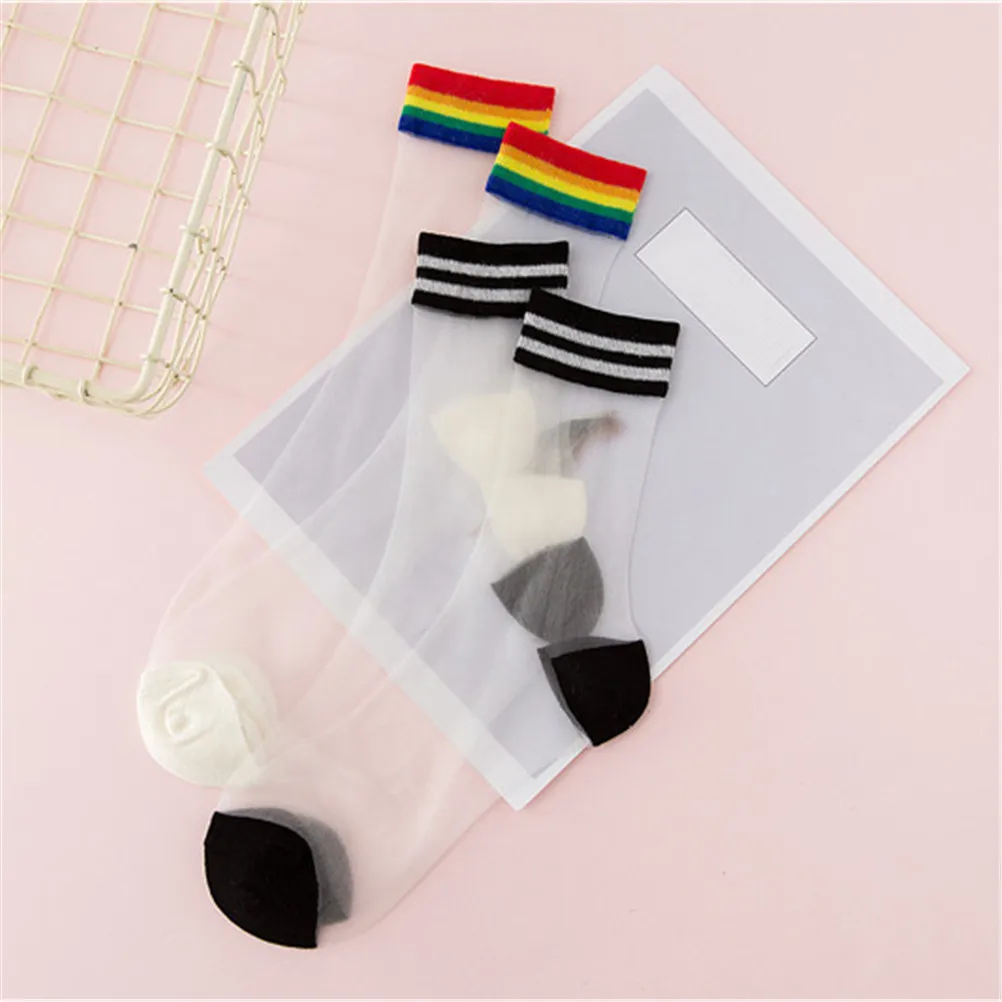 Летние модные тонкие носки до щиколотки прозрачные радужные полосатые короткие