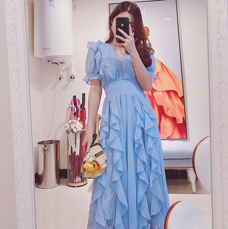 Летнее кружевное шифоновое платье с V образным вырезом и коротким рукавом