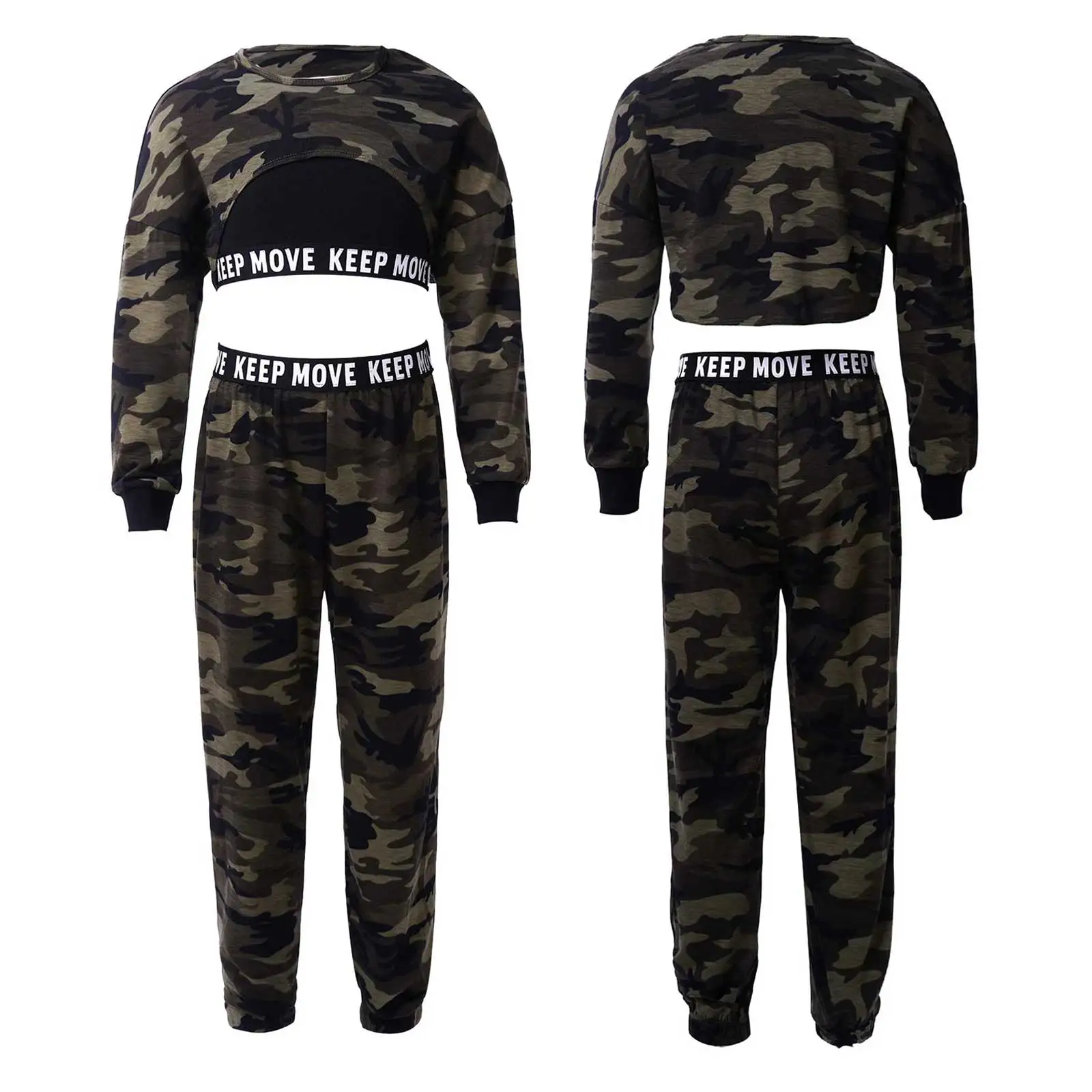 

Детский спортивный костюм для девочек, камуфляжный укороченный жилет с принтом, топы с длинными рукавами и брюки, комплект для бега и соврем...