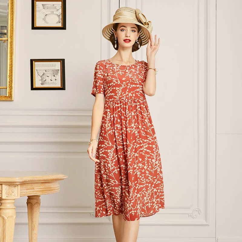 

SHZQ 2021 Summer New Style Temperament, Slim Waist, Women's Skirt, Red Broken Flower Silk Dress, Mulberry Silk Fashion Skirt