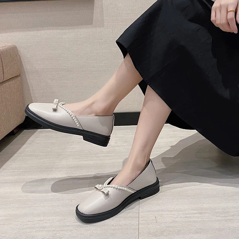 

Shoes Woman Flats Casual Female Sneakers Square Toe Shallow Mouth Oxfords All-Match Modis Dress Comfortable Summer New Leather