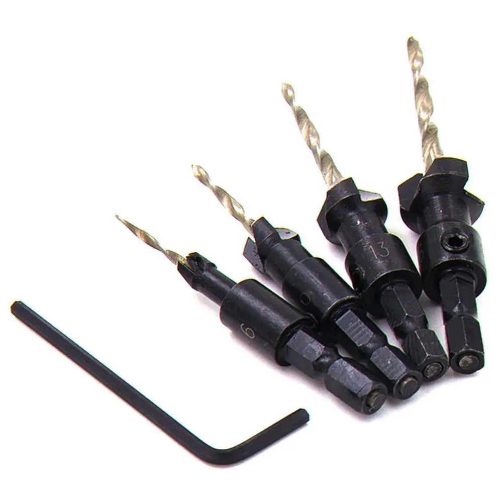 

4Pcs Wood Woodworking Cone Drill Bit 5 Flute HSS Countersink Drill Bit Set Carpentry Tool 1/4 Hexagon Tool Handle