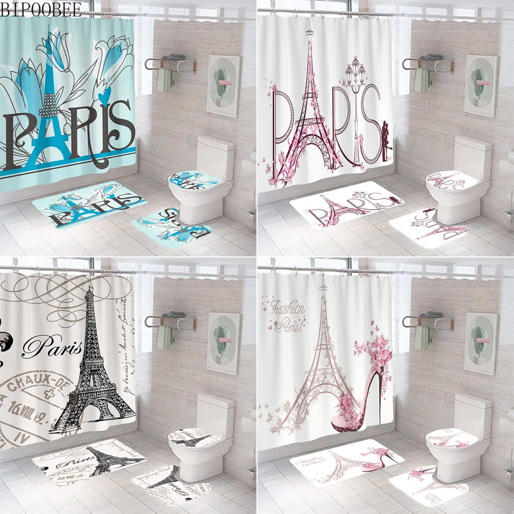 

High Quality Shower Curtain Eiffel Tower Paris Bathroom Curtains Toilet Lid Cover Floor Mat Pedestal Anti-slip Carpet Bath Rugs