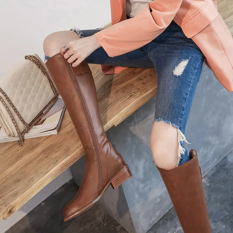 

Asumer 2020 new pu+genuine leather boots women round toe zip knee high boots med heels simple Riding boots big size 34-43