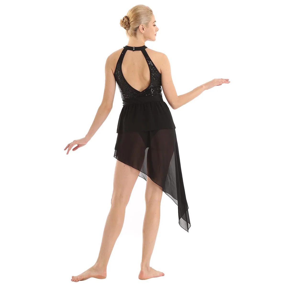 Асимметричное шифоновое гимнастическое трико TiaoBug с блестками и лямкой на шее