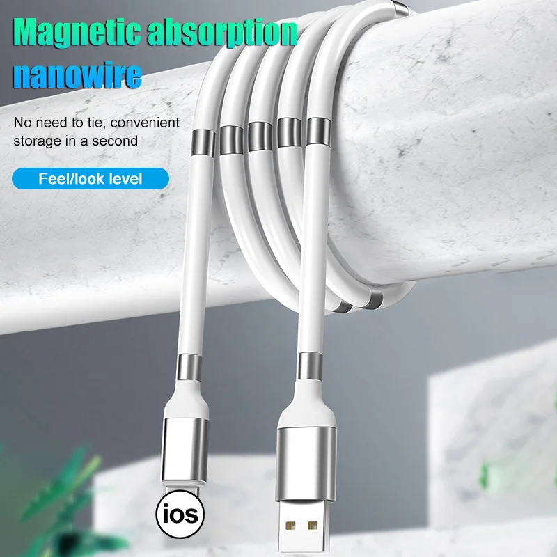 

3A Charging Cable Magnetic Self Winding Type-C Micro USB Fast Charging Data Transition Cable Cord for iPhone Android