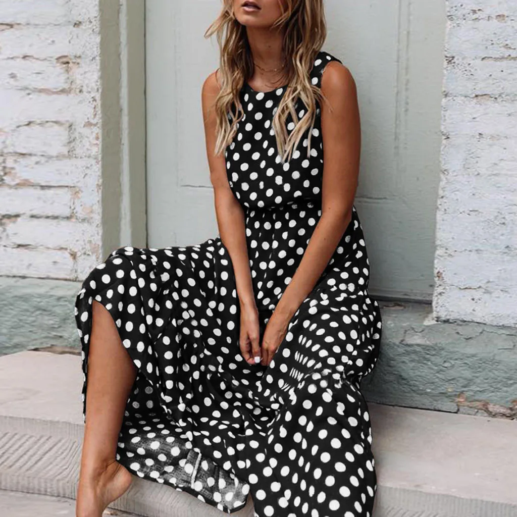 Polka Dot Boho Sundress Women Summer Beach Maxi Long Dresses Sexy Elegant Sleeveless Belts Evening Party Dress Vestido De Mujer | Женская