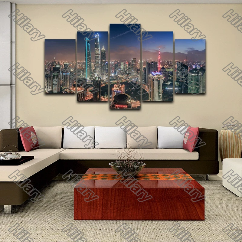 

City Night View Light Canvas Painting 5Pcs Poster Wall Art Customizable Decoration for Living Room and Bedroom Frameless