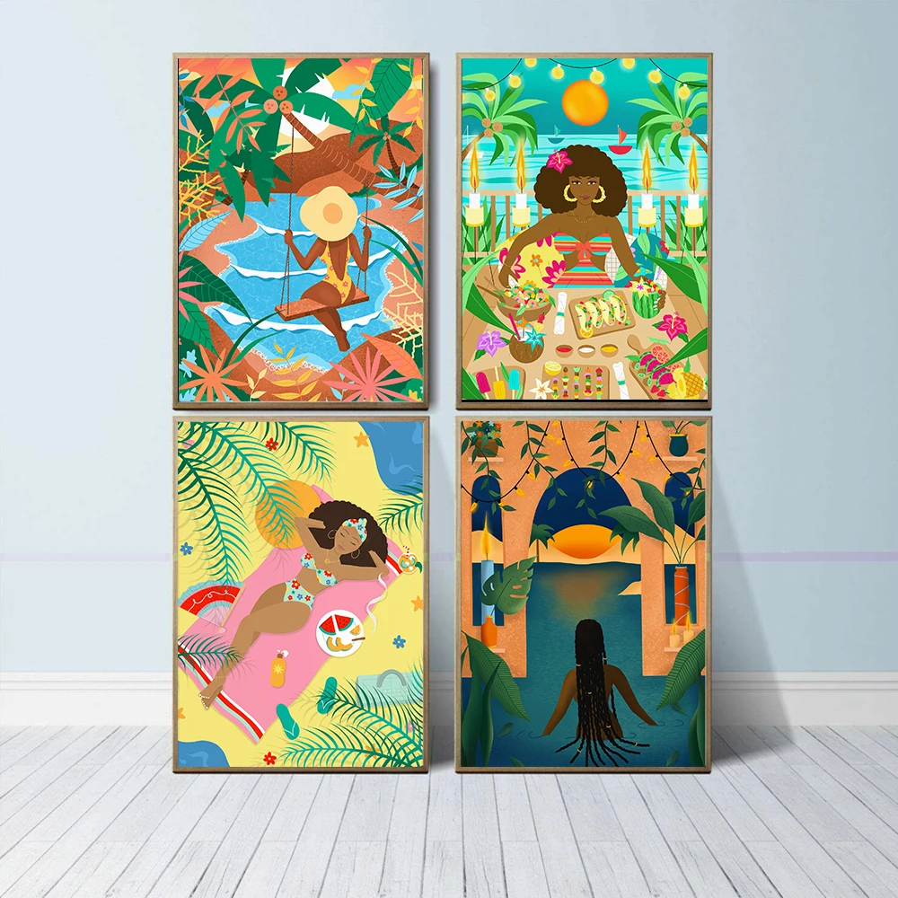 

Modern Swimming Surfers Summer Plant Vacation Illustration Canvas Painting Wall Art Poster Prints Picture Living Room Home Decor