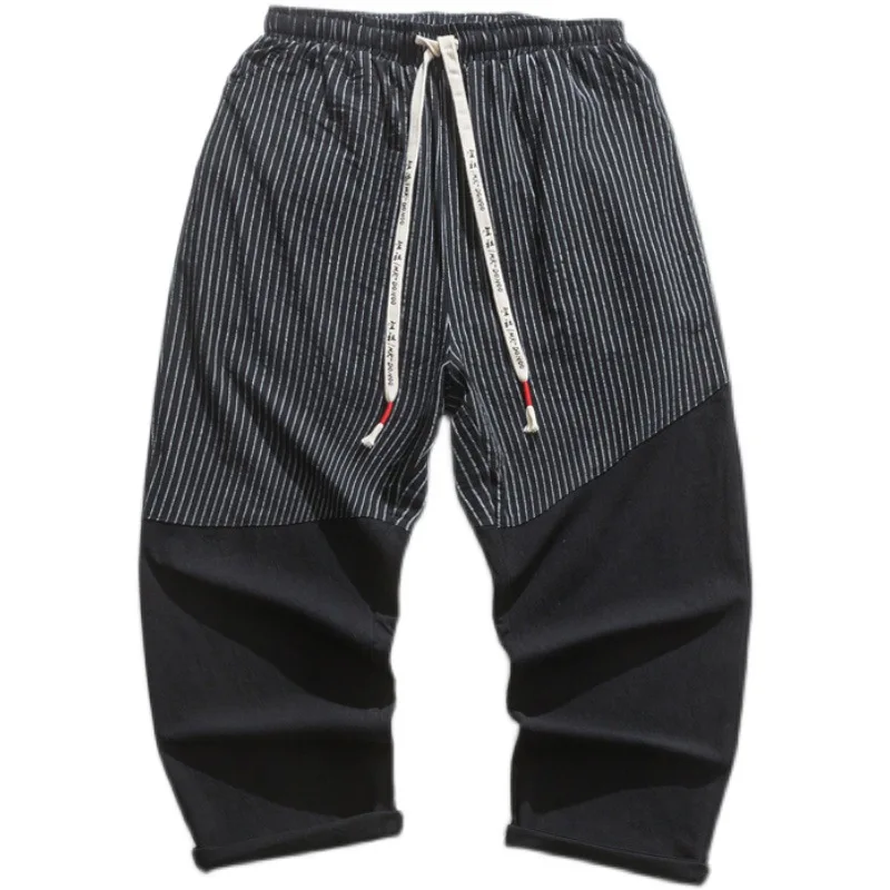 

Брюки мужские хлопково-льняные, Свободные повседневные Прямые Штаны в полоску, с прострочкой контрастных цветов, большие размеры, весна-лет...