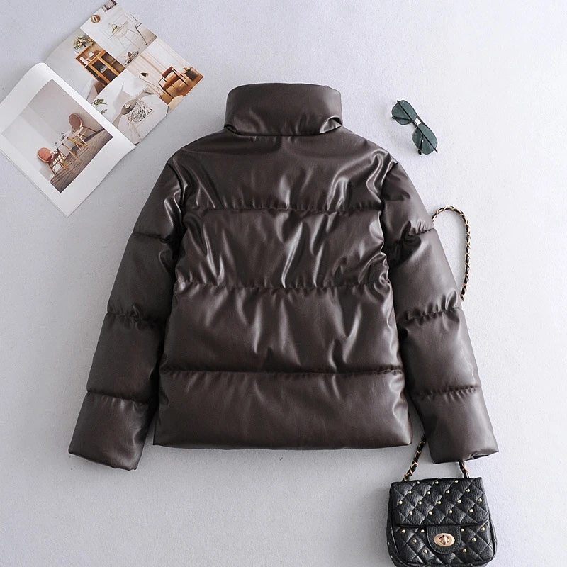 

YOSICIL Winter Single Breasted PU Faux Leather Parka Women Vinage Long Sleeve Thick Warm Coat Ladies Padded Jacket Outerwear Top