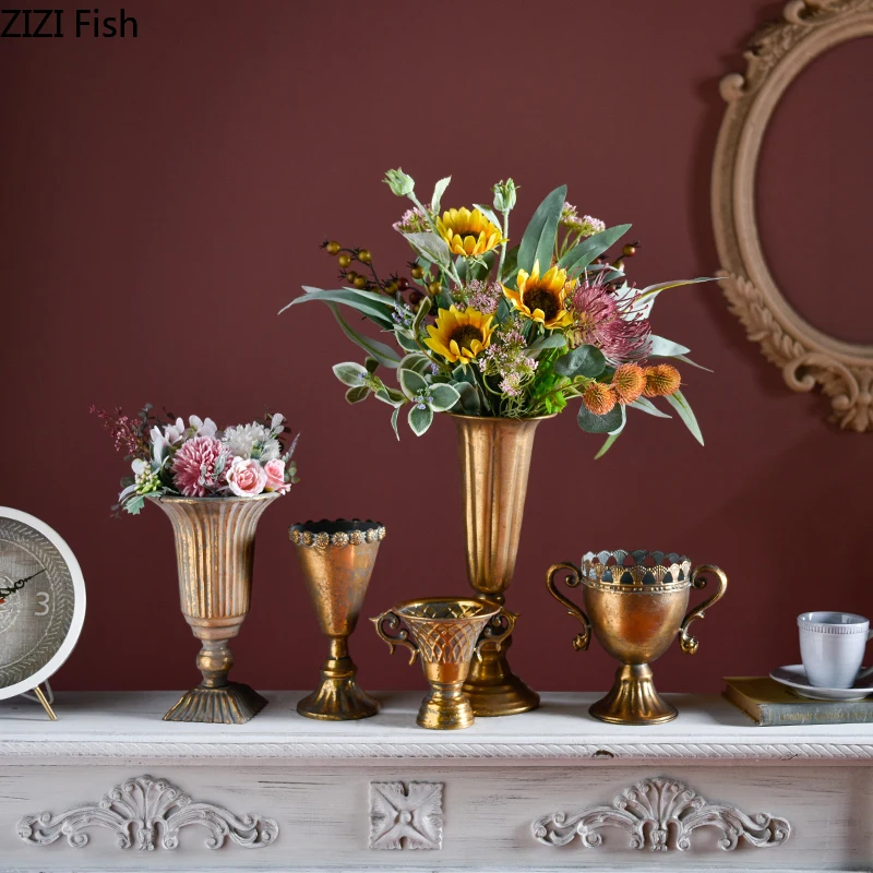 Кованые вазы из железа Золотая имитация медной украшения искусственные букеты