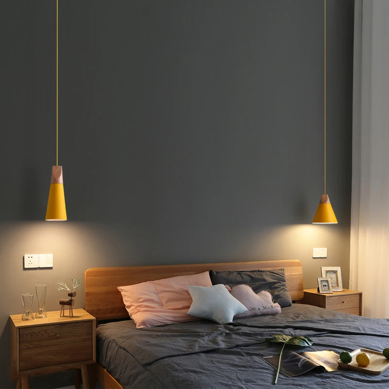 

Nordic simple Wood Pendant Lights led hang lamp Colorful Iron fixture Kitchen Island bar hotel home decor E27 Solid wood ZDD0020