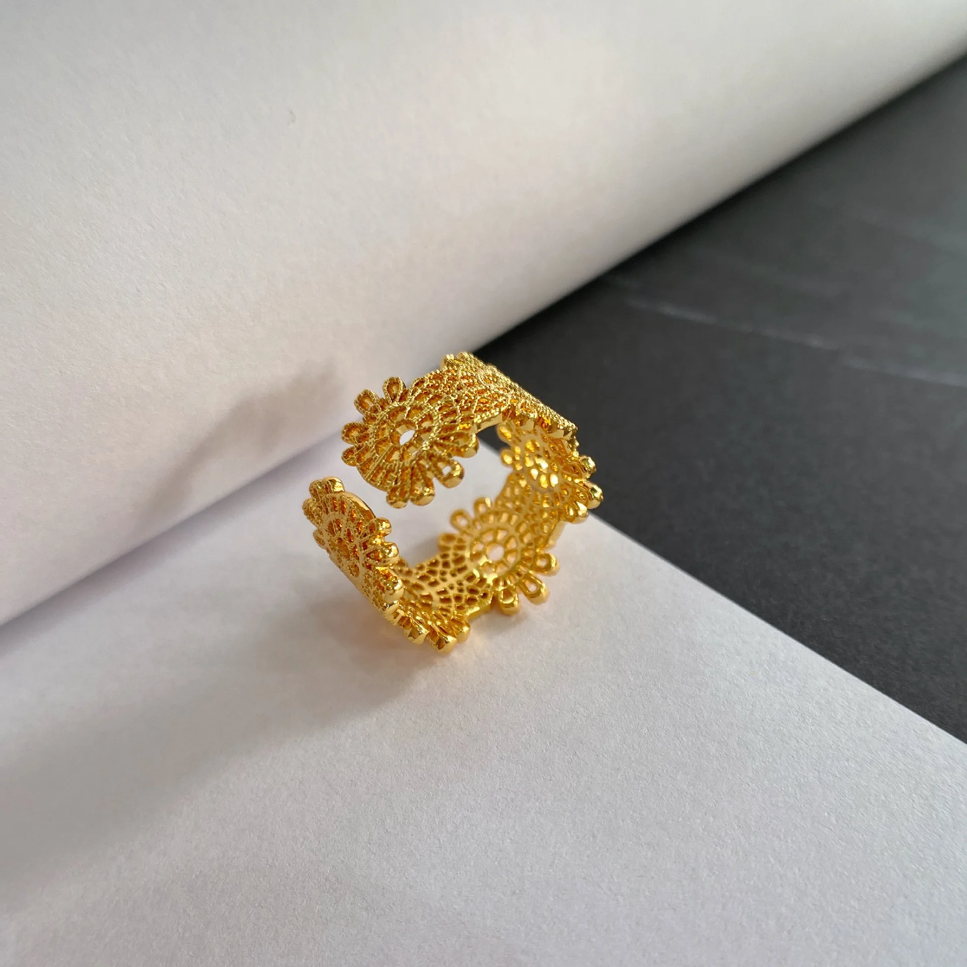 

Lace style open end rings flora pattern hollow out gold plated finger band