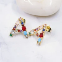 new 26 initial letter charm earrings women fashion gold rainbow cz hot sale initial name stud earrings for girls jewelry gift
