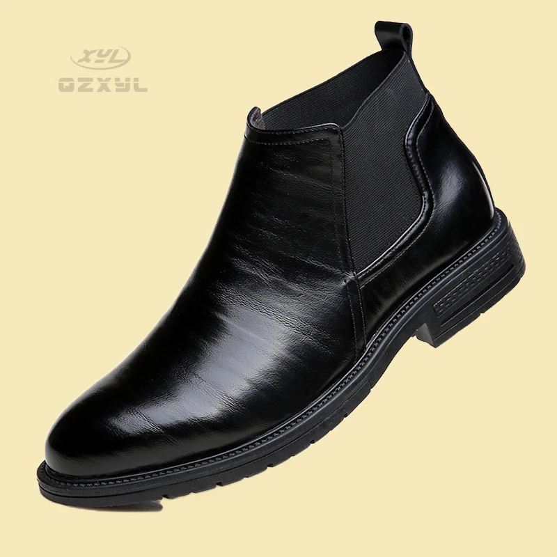 

Мужские ботинки челси QZXYL, осенне-зимние кожаные ботильоны с высоким берцем, полуботинки мартинсы с рукавом, большие размеры, повседневные б...