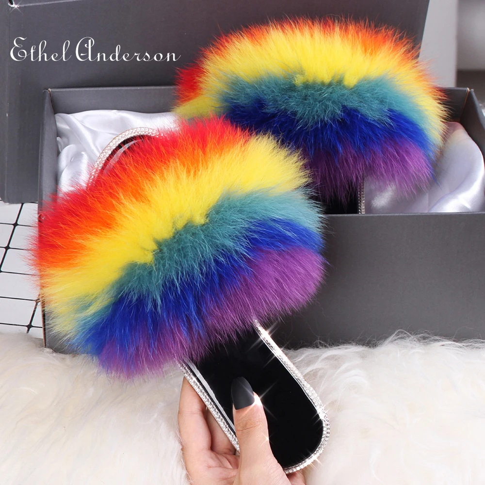 

ETHEL ANDERSON/Новые модные меховые тапочки с натуральным лисьим мехом; Яркие пушистые плюшевые теплые тапочки со стразами; Меховые тапочки на плоской подошве