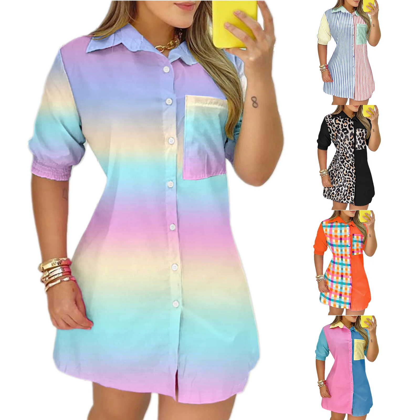 

hirigin Plus Size Women Short Sleeve Long Shirt Tops Rainbow Variegated Color/ Printed Pattern Turn-down Collar Dress Blouse