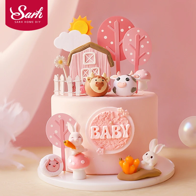 Счастливая ферма розовая корова и бык кролик овечка свинья торт Топпер на день