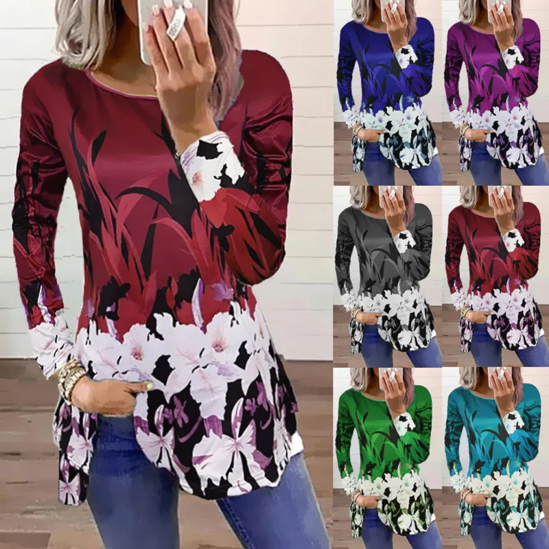 

Autumn 2021 Women's Fashion Floral Print Round Collar Long Sleeve Slim Top