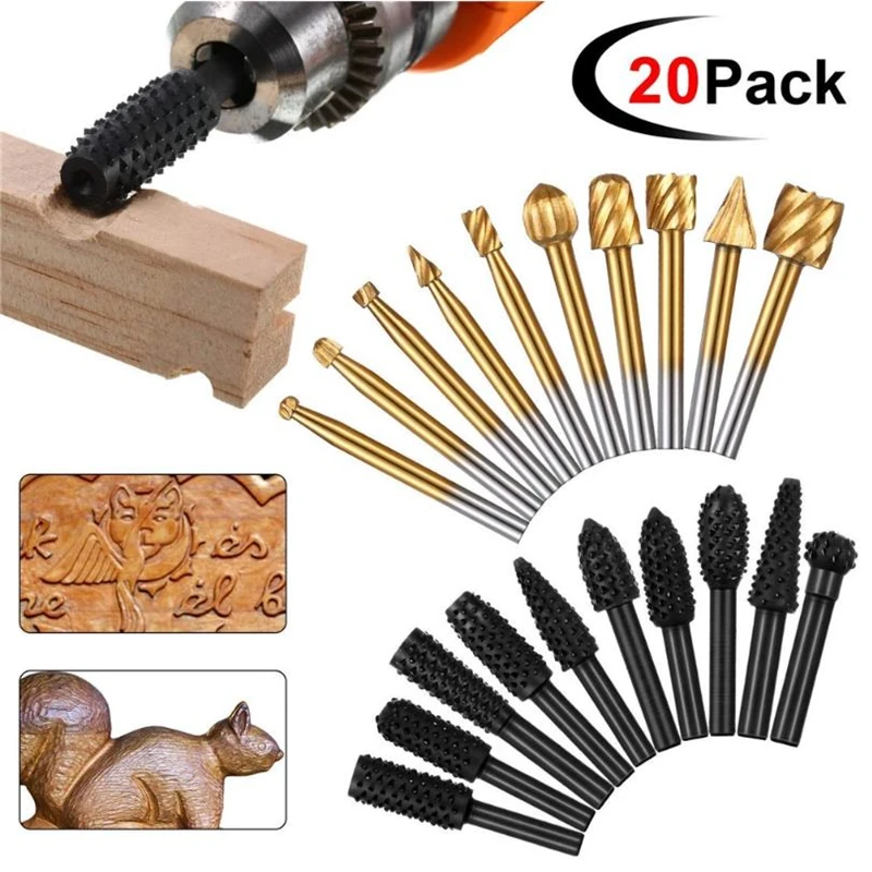 

Woodworking Polishing Head Set 10 Pcs 1/8 Inch Shank Router Bit and 10 Pcs 1/4 Inch Router Burrs Rotary File Milling Cutter