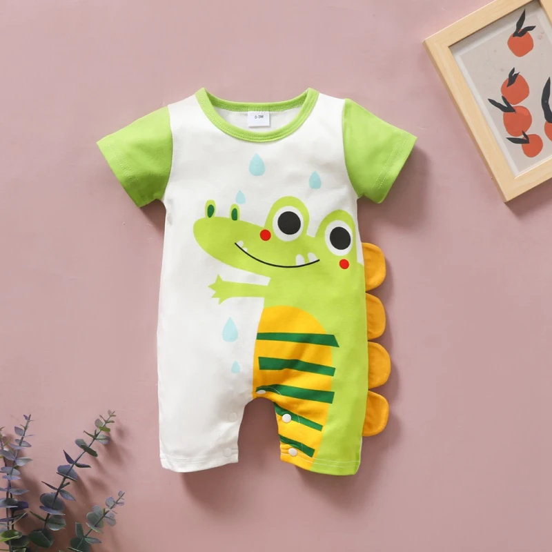 Summer Cartoon Baby Boy Girl Rompers Cute Animals Pattern Short Sleeved Shorts Clothes Infant Cotton Jumpsuit Outfit Clothing Newborn Knitting Romper Hooded 