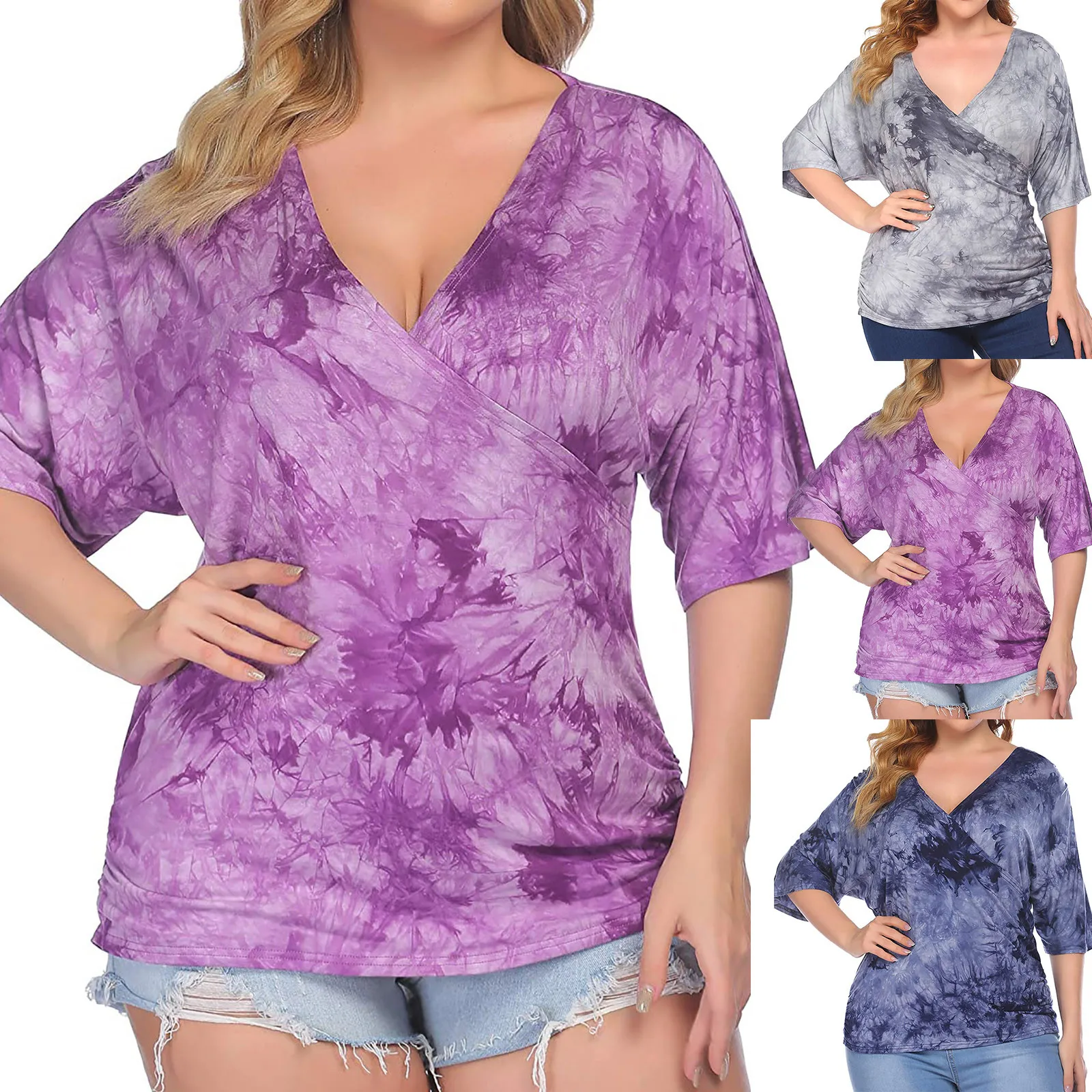 

Блузка 2021 для женщин; Большие размеры топы Летняя Блузка femme с V-образным вырезом и короткими рукавами, блузы с плиссированной кромкой, одежд...