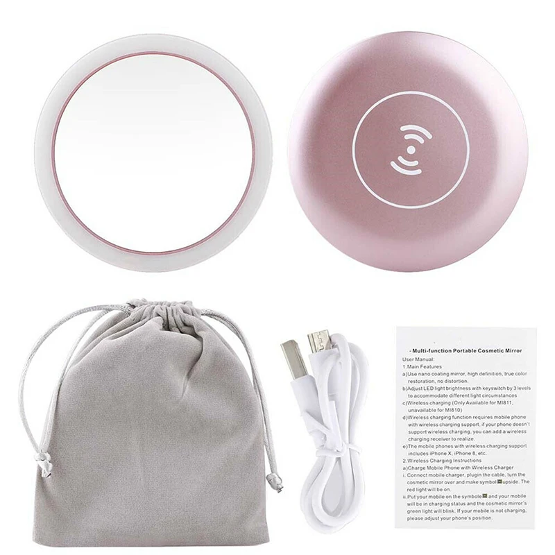 Розовый Portable Lighted Makeup Mirror with Wireless Charger for IOS and Android Phone,Vanity Mirrors with LED Lights - Цвет: Розовый