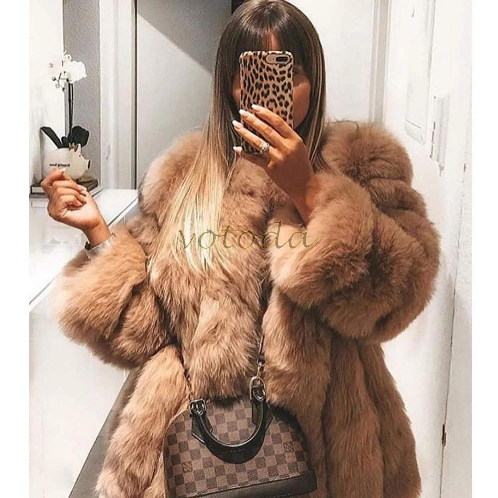 New Winter Warm Fur Coat Women's Furry Faux Fox Fur Jacket Sexy Luxury Fashion Overcoat Woman O-Neck Long Sleeve Fake Fur Jacket