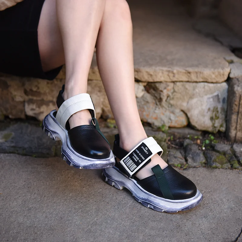 

Original Women Sandals Retro Genuine Leather Soft Hook Loop 2021 New Summer Handmade Flat Platform Ladies Beach Sandals INS