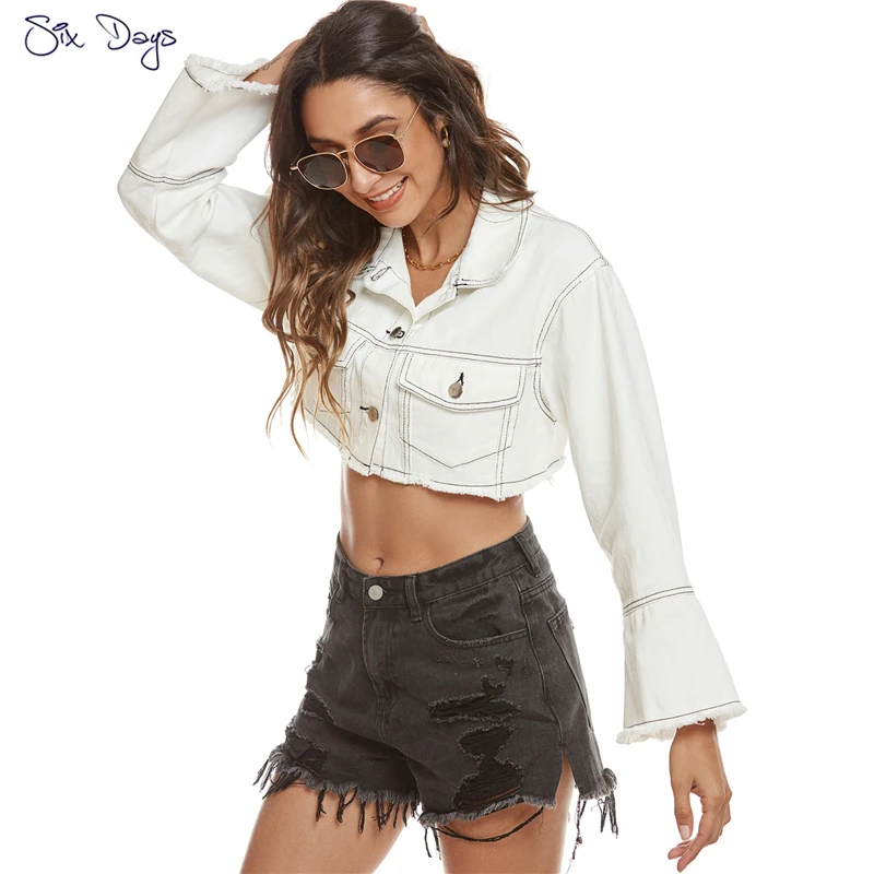 

Spring Women Denim Jacket Long Sleeve Fashion Streetwear Lady Casual Outwear Extra Short Jeans Jacket Coat White Girl Crop Top