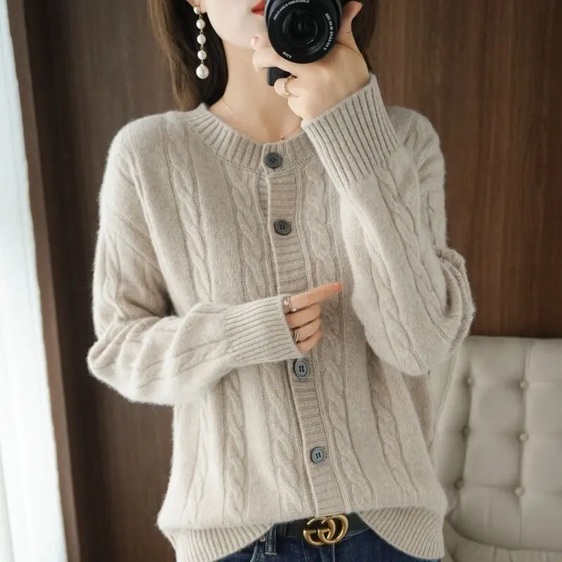 

Women's Knitted Sweaters Lazy Cardigan Twist Button Up Thickened Clothing Woman O-neck Long Sleeve Ladies Top Basic Sweater