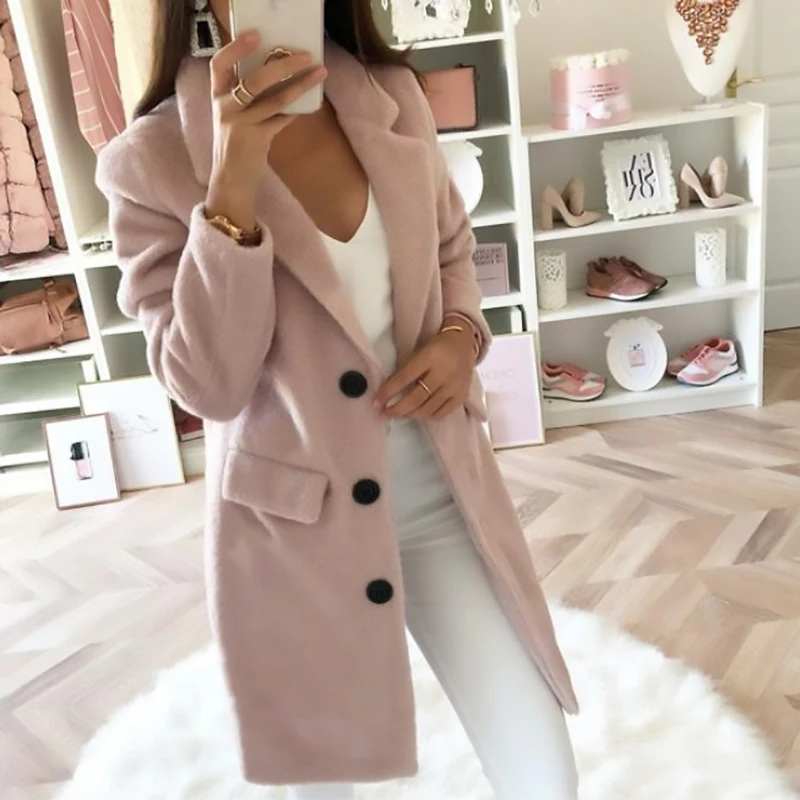 

Plus Size 5XL 2021 Autumn Winter Fashion Coats for Women Long Double-breasted Woolen Coat with Solid Color Casual Suit Collar