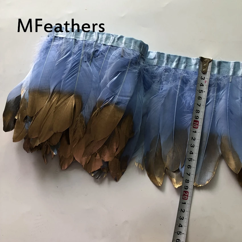 

MFeathers 4 Yards/Lot Sky Blue With Gold Tips Goose Duck Feather Trims Ribbon 6-8Inches Width Carnival Clothes Decorative Strips