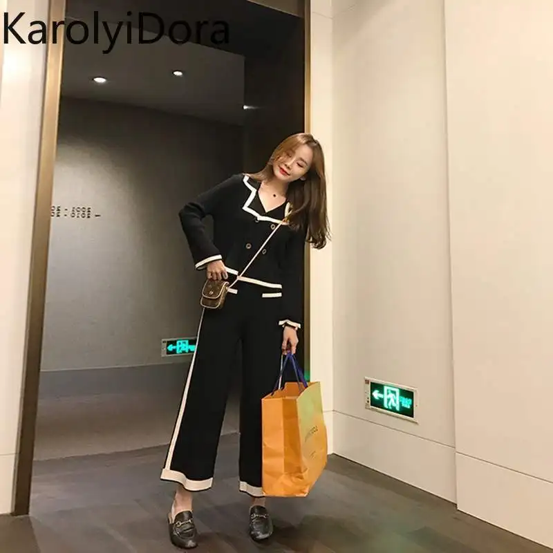 

Set female spring and autumn fashion temperament small fragrant knit wide leg pants suit new loose shirt two-piece