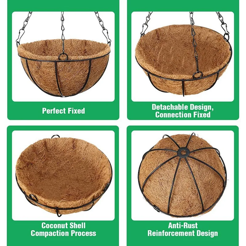 

Hanging Wrought Iron Flower Basket, 4 Packs of 12-Inch Round Metal Hanging Basket, with Coconut Palm Shell Lining