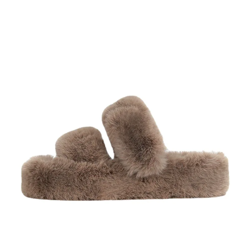 Winter Women House Slippers,Faux Fur Warm Flat Shoes,Female Slip on Home Furry Ladies Slippers Open Toe Fluffy And Anti-Skid